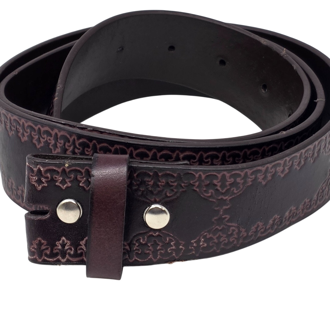 Belt Tooled Geometric Floral Leather Brown Boho Western No Buckle Xl 1.5" Wide